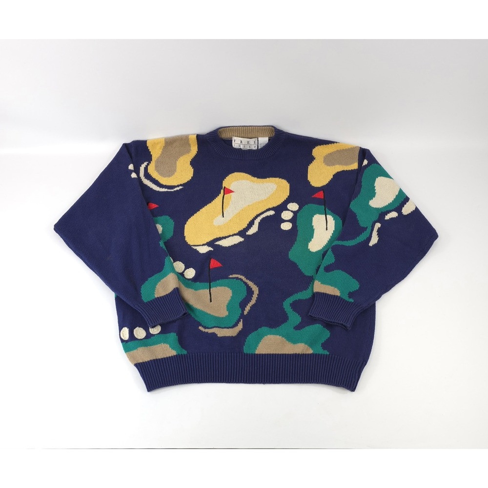Vintage Mens FREE By Falke Golf Course Putter Club Ball Cotton Blue Sweater L